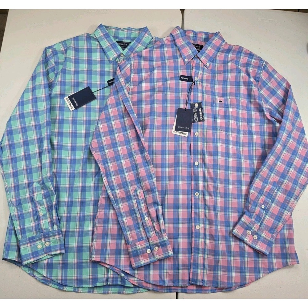 2 Crown & Ivy Shirts Mens L Plaid LS Classic Fit Performance Preppy NEW $65